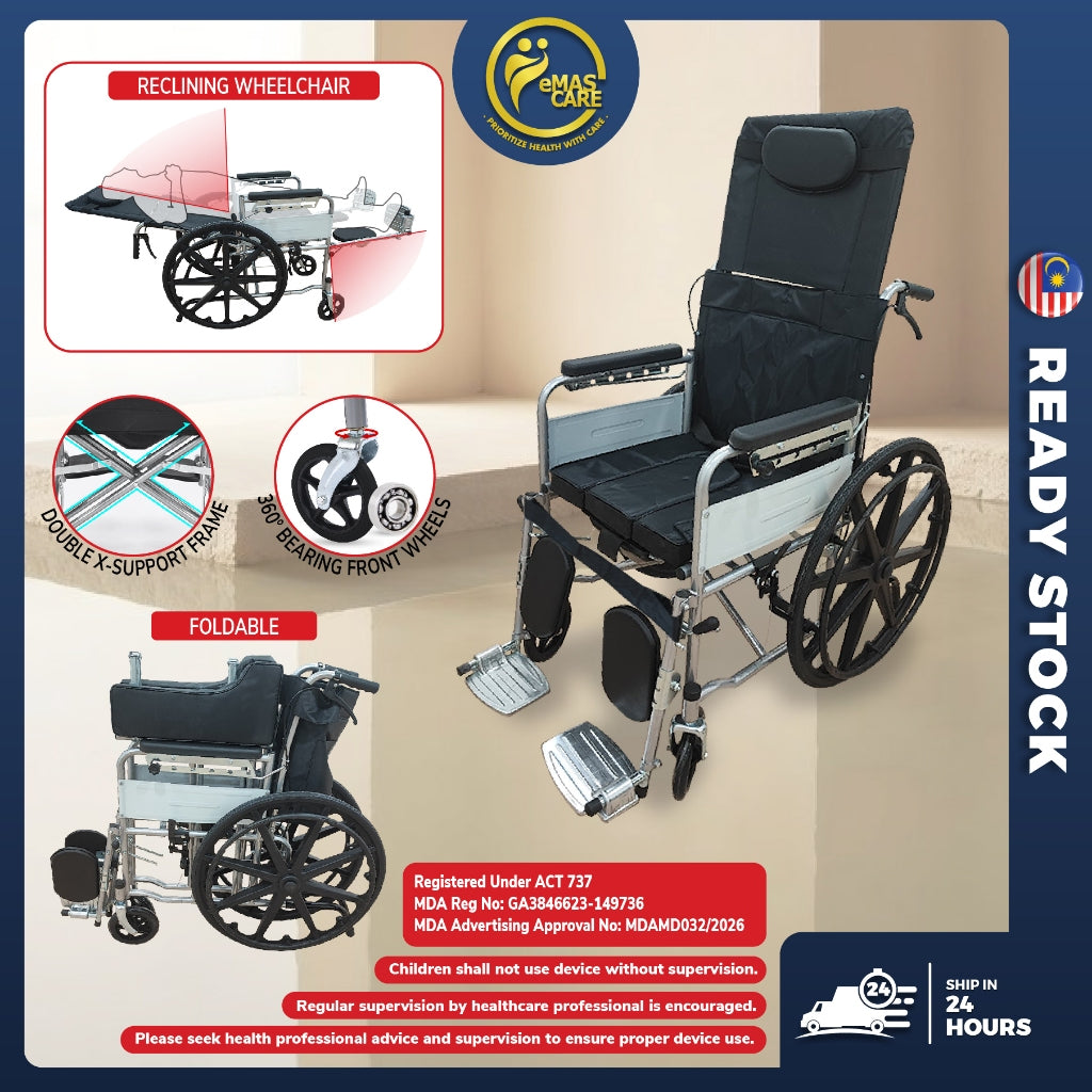 Manual Reclining Wheelchair 180° Recline Kerusi Roda Baring Commode 18In Fully Berbaring Sport Rim Self Push Tolak Sendi