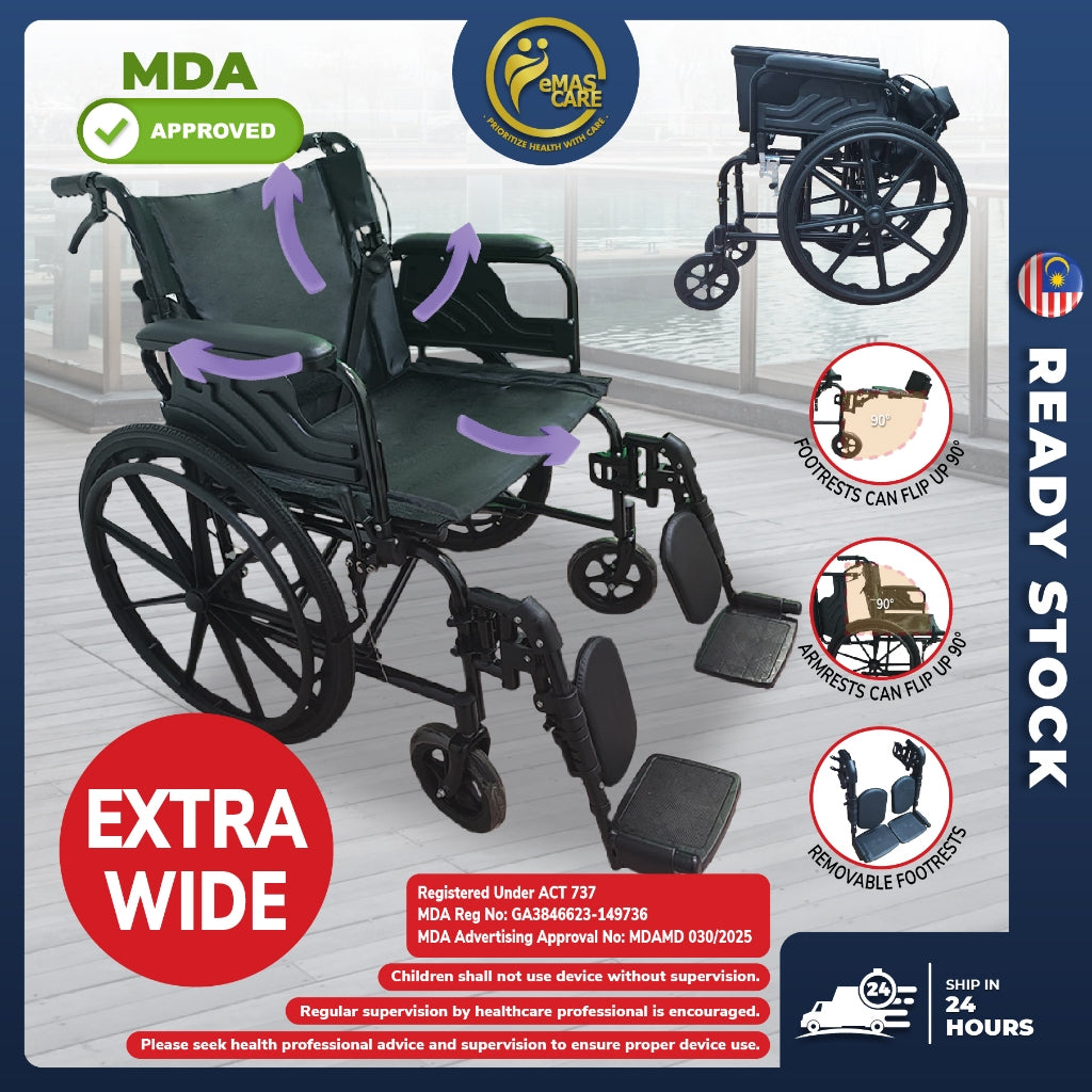 Heavy Duty Wheelchair Foldable Wheel Chair Wide Seat Big Size Extra Large Obese Fat WheelChairs Kerusi Roda Badan Besar