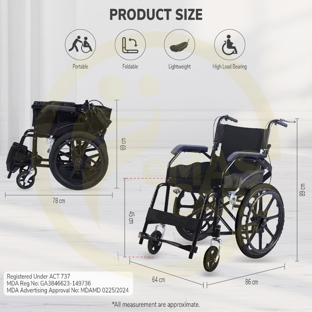 Emascare Self Push Big Wheel Wheelchair 13kg Kerusi Roda Ringan Tayar Besar GA3846623-149736 - MDA Approved