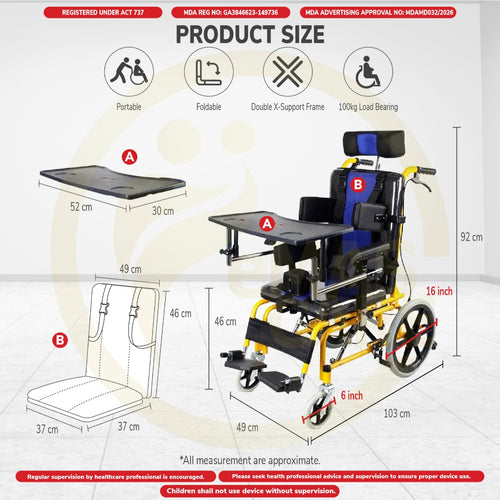 Cerebral Palsy Wheelchair 14in 36cm Support Headrest Footrest Recline