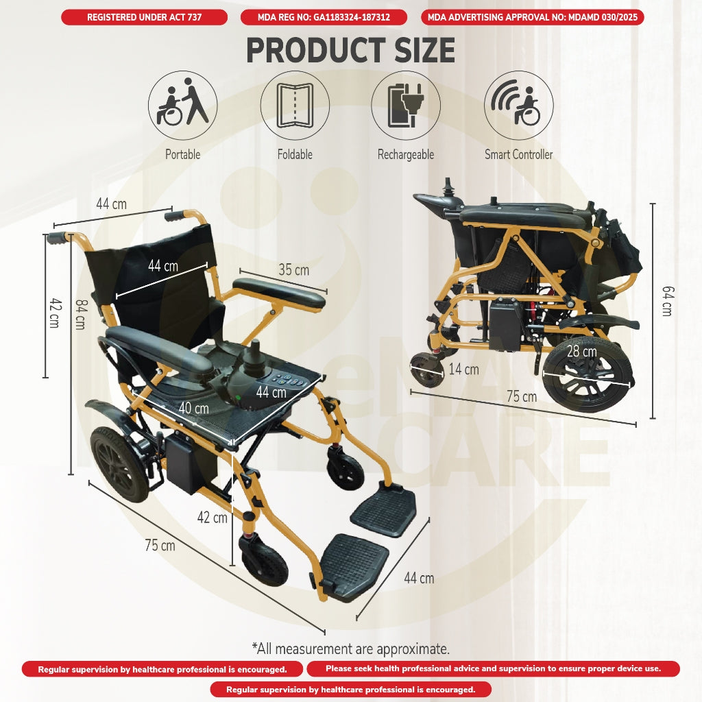 Electric Wheelchair Ringan Hanya 28kg Kerusi Roda Elektrik Lightweight Foldable Transport Auto Motor Wheelchair Remote S