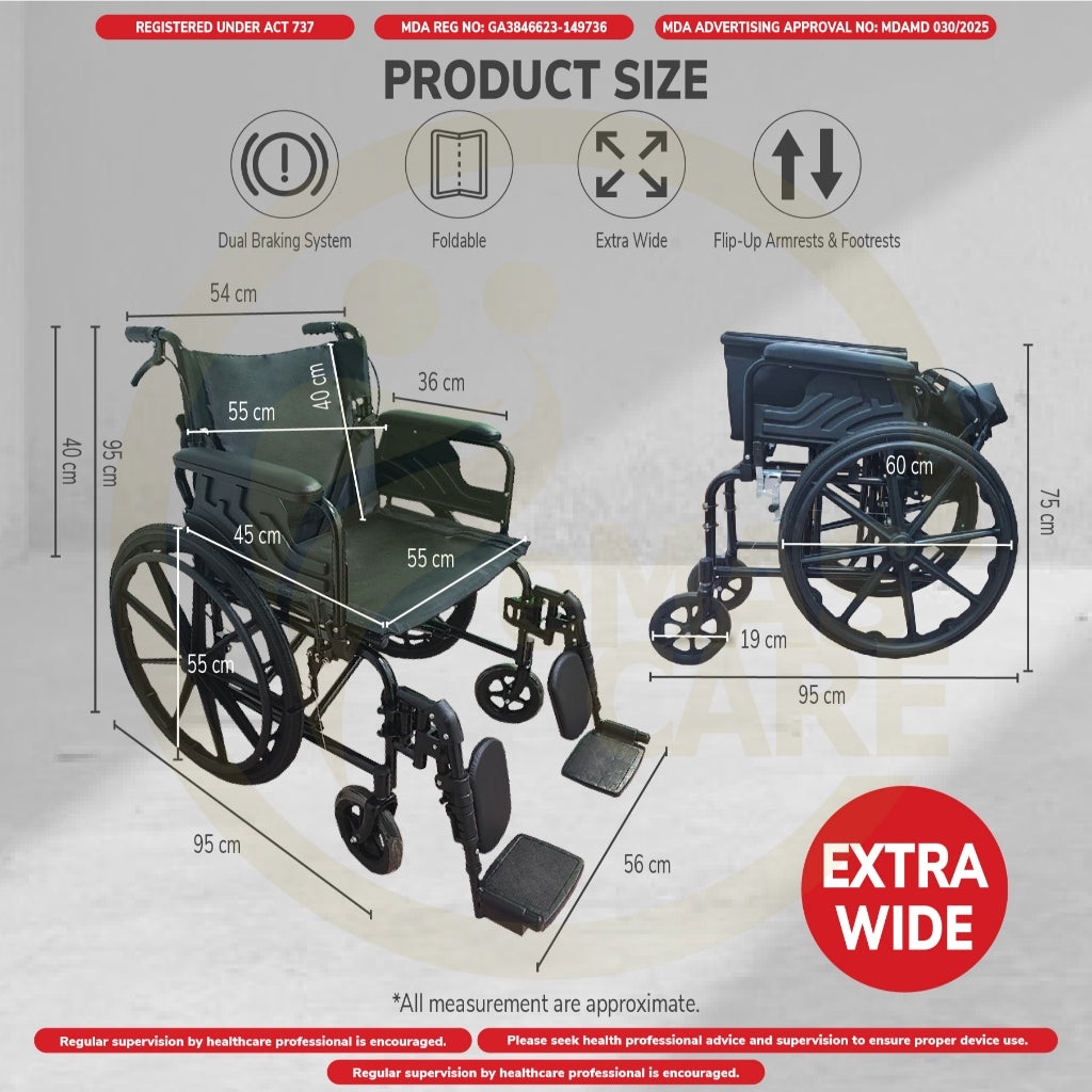 Heavy Duty Wheelchair Foldable Wheel Chair Wide Seat Big Size Extra Large Obese Fat WheelChairs Kerusi Roda Badan Besar
