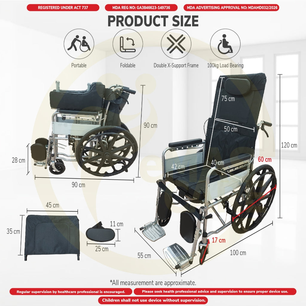 Manual Reclining Wheelchair 180° Recline Kerusi Roda Baring Commode 18In Fully Berbaring Sport Rim Self Push Tolak Sendi