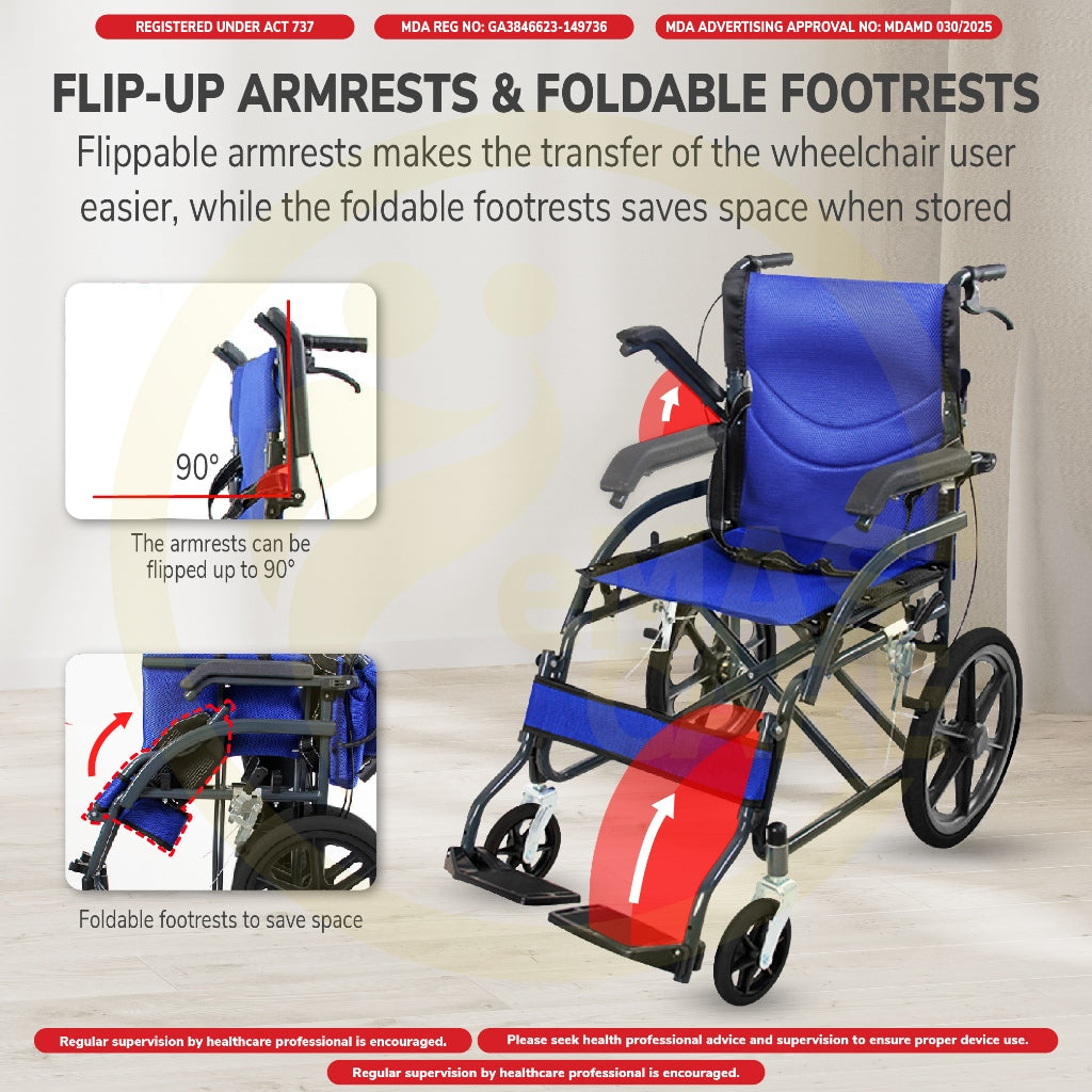 Emascare Flip Up Armrest Foldable Footrest Wheelchair 11kg Kerusi Roda Ringan GA3846623-149736 - MDA Approved