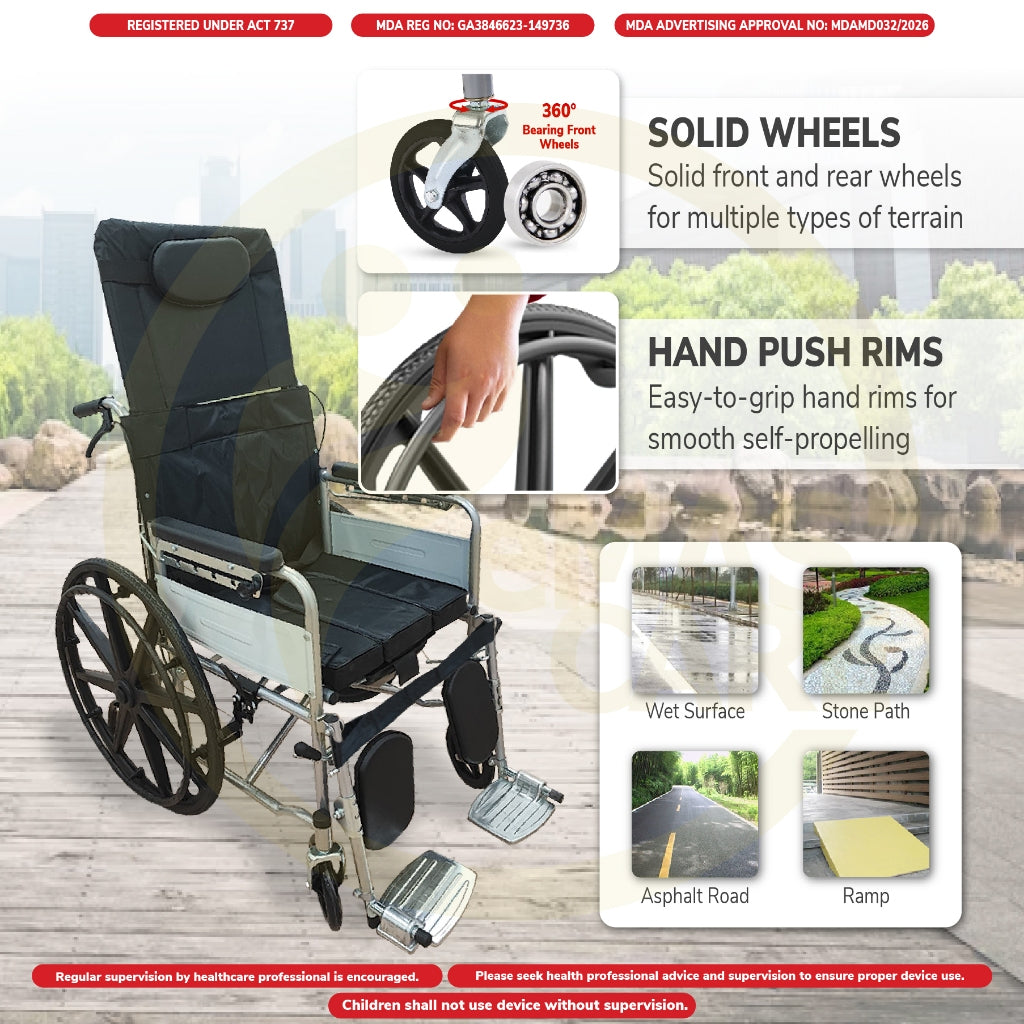 Manual Reclining Wheelchair 180° Recline Kerusi Roda Baring Commode 18In Fully Berbaring Sport Rim Self Push Tolak Sendi