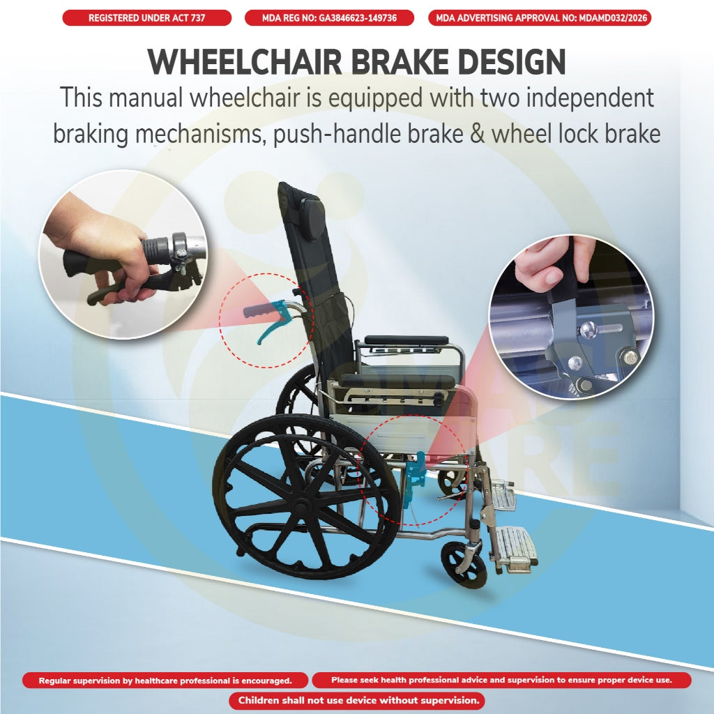 Manual Reclining Wheelchair 180° Recline Kerusi Roda Baring Commode 18In Fully Berbaring Sport Rim Self Push Tolak Sendi