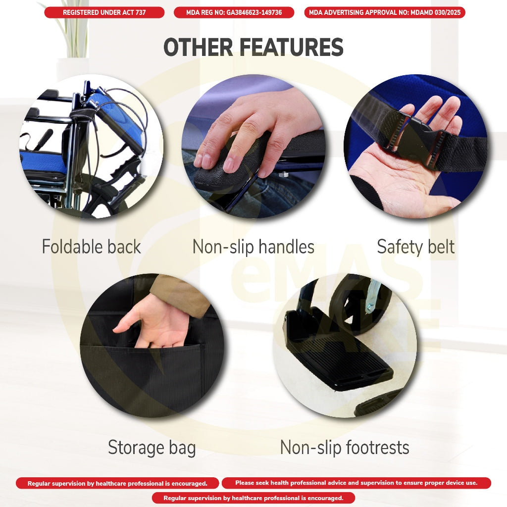 Emascare Flip Up Armrest Foldable Footrest Wheelchair 11kg Kerusi Roda Ringan GA3846623-149736 - MDA Approved