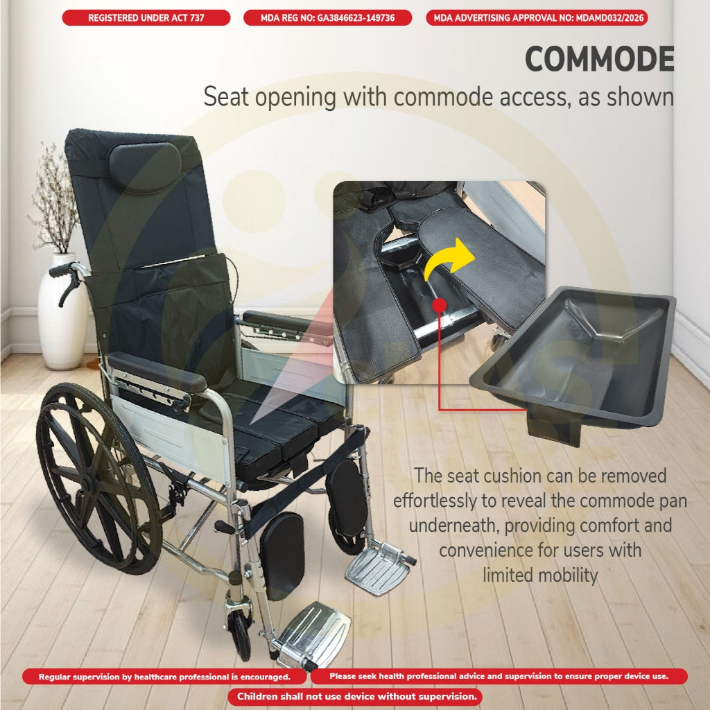 Manual Reclining Wheelchair 180° Recline Kerusi Roda Baring Commode 18In Fully Berbaring Sport Rim Self Push Tolak Sendi