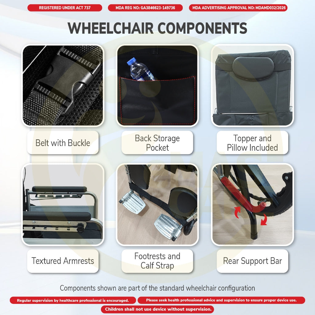 Manual Reclining Wheelchair 180° Recline Kerusi Roda Baring Commode 18In Fully Berbaring Sport Rim Self Push Tolak Sendi
