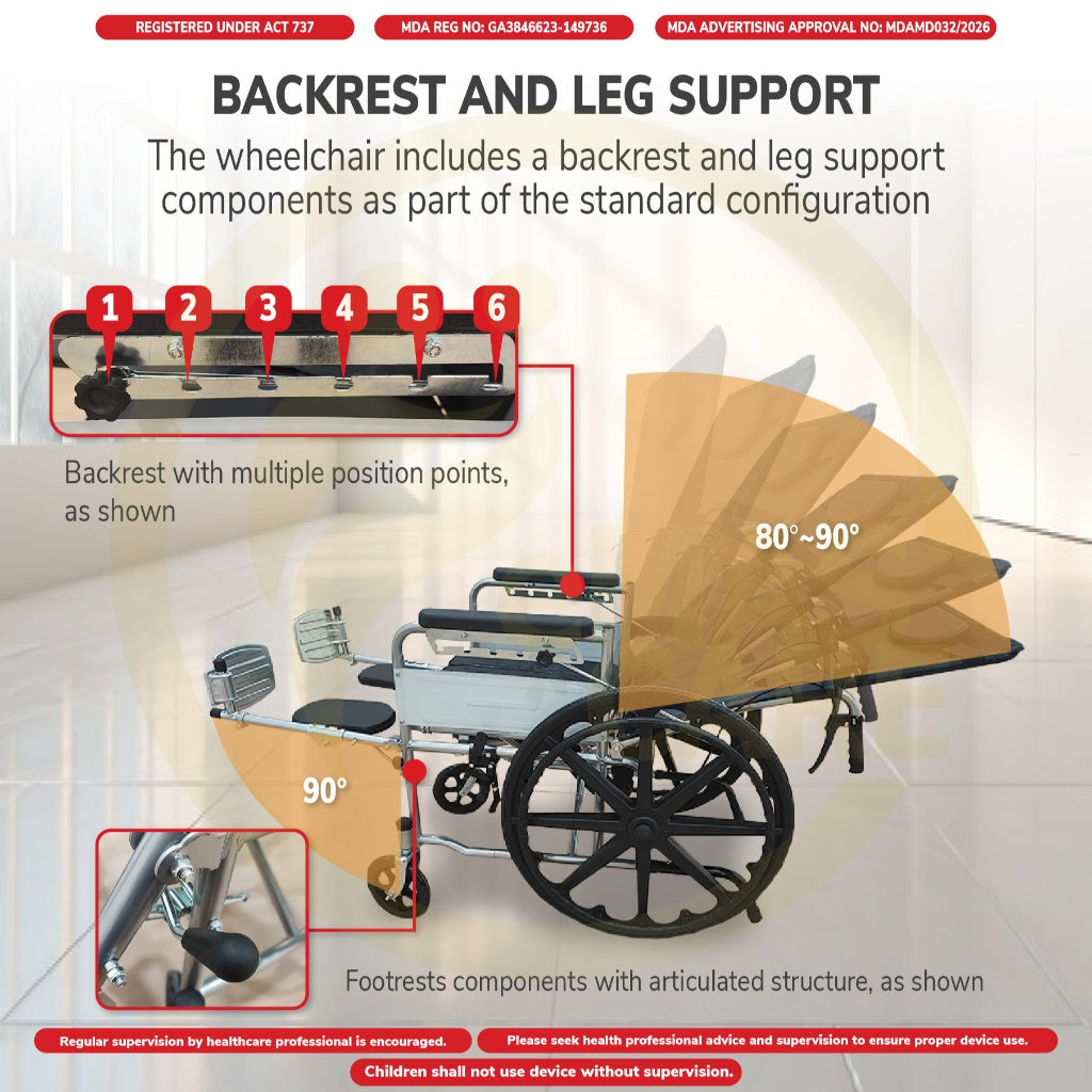 Manual Reclining Wheelchair 180° Recline Kerusi Roda Baring Commode 18In Fully Berbaring Sport Rim Self Push Tolak Sendi