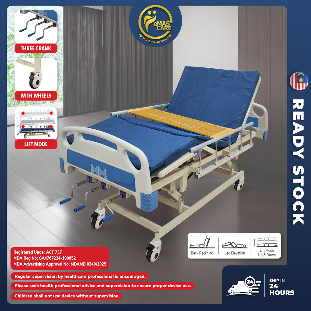 3 Function Manual Triple Crank Hospital Bed Katil Hospital 3 Fungsi Lift Mode with Wheel