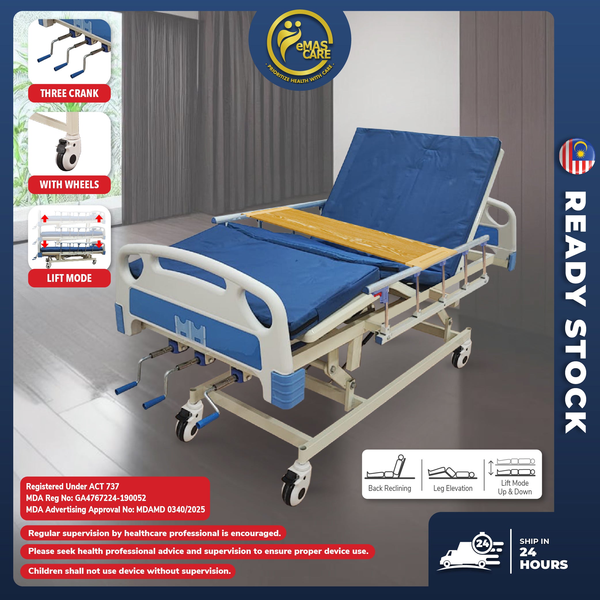 3 Function Manual Triple Crank Hospital Bed Katil Hospital 3 Fungsi Lift Mode with Wheel
