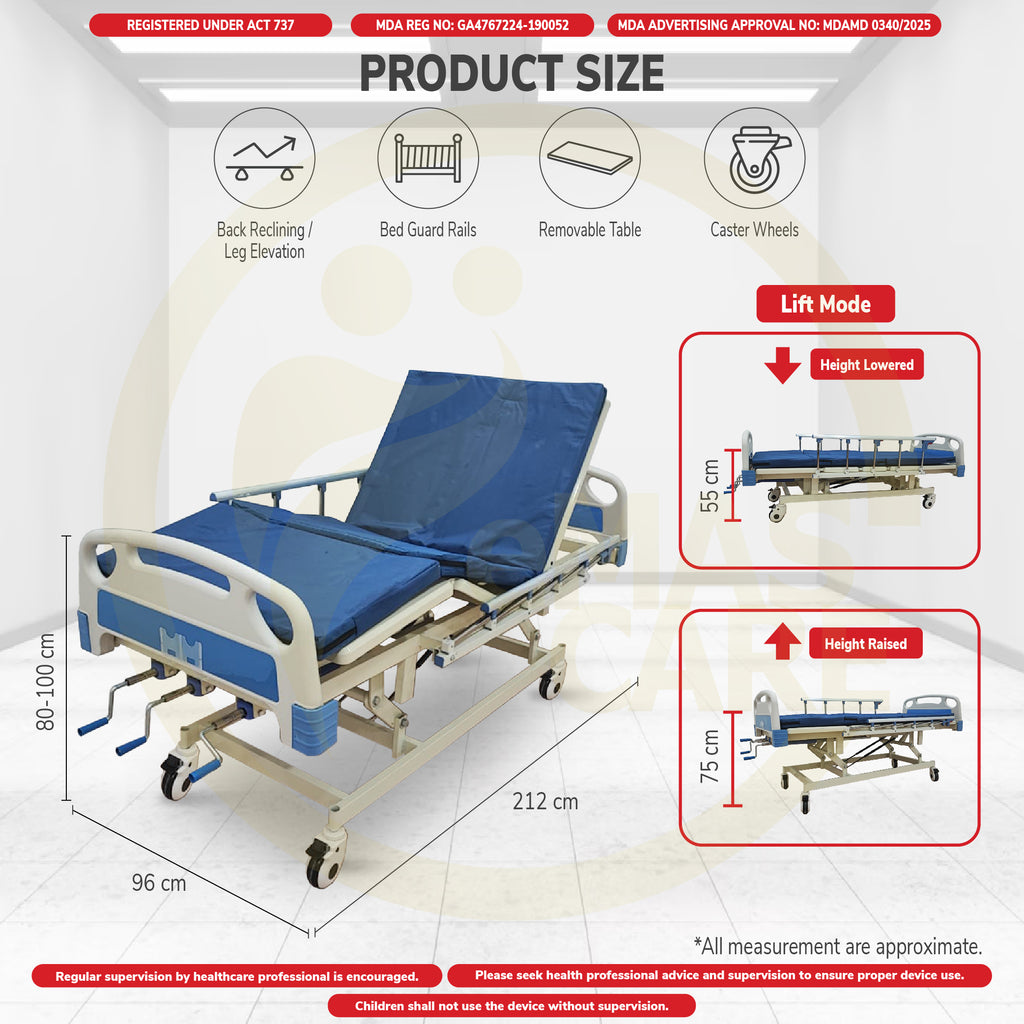 3 Function Manual Triple Crank Hospital Bed Katil Hospital 3 Fungsi Lift Mode with Wheel