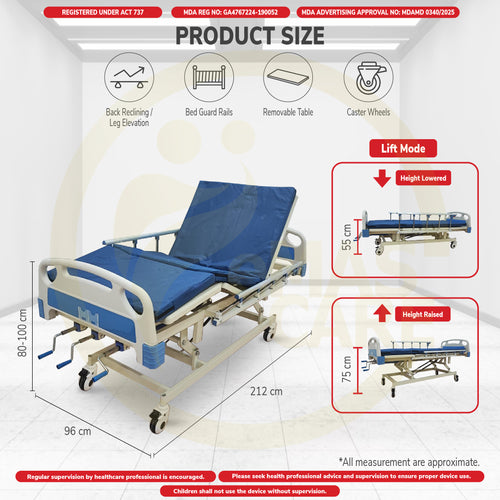 3 Function Manual Triple Crank Hospital Bed Katil Hospital 3 Fungsi Lift Mode with Wheel