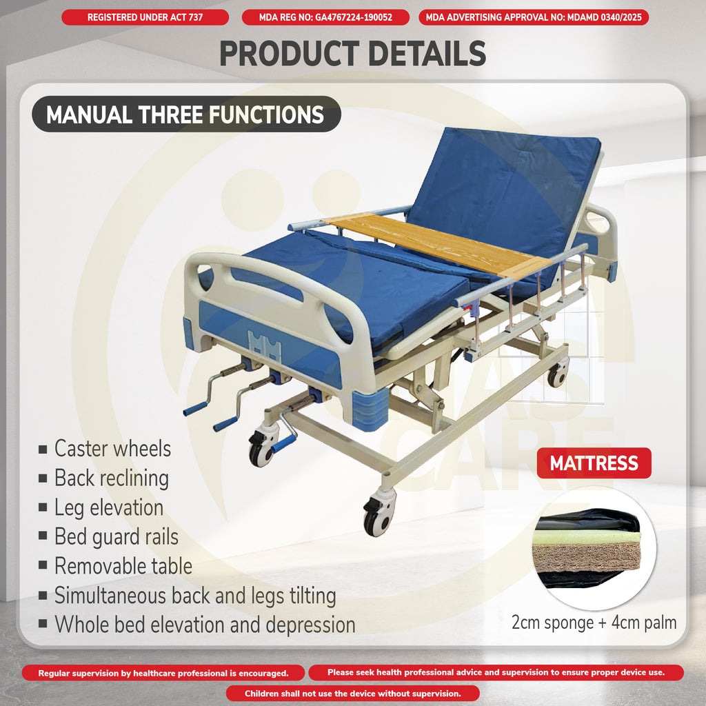 3 Function Manual Triple Crank Hospital Bed Katil Hospital 3 Fungsi Lift Mode with Wheel