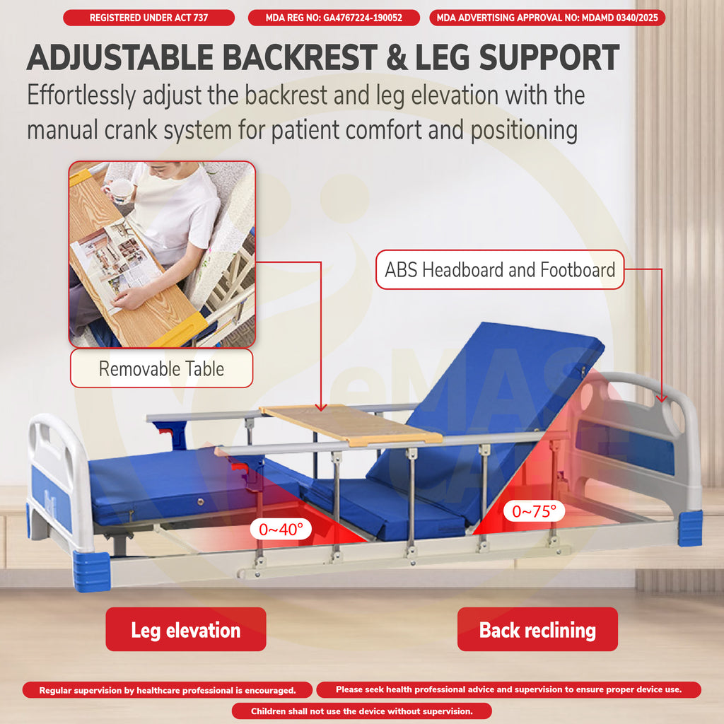 3 Function Manual Triple Crank Hospital Bed Katil Hospital 3 Fungsi Lift Mode with Wheel