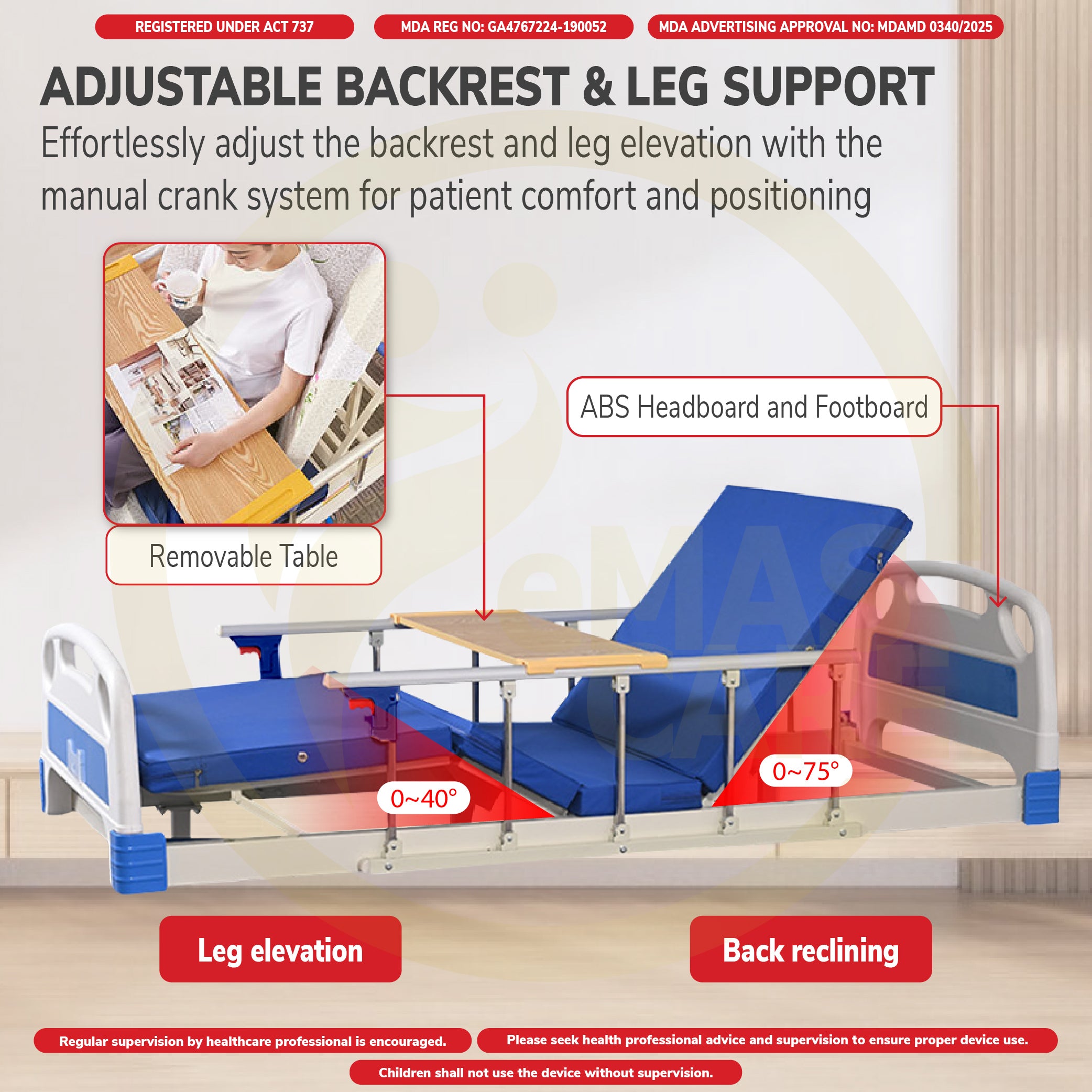 3 Function Manual Triple Crank Hospital Bed Katil Hospital 3 Fungsi Lift Mode with Wheel