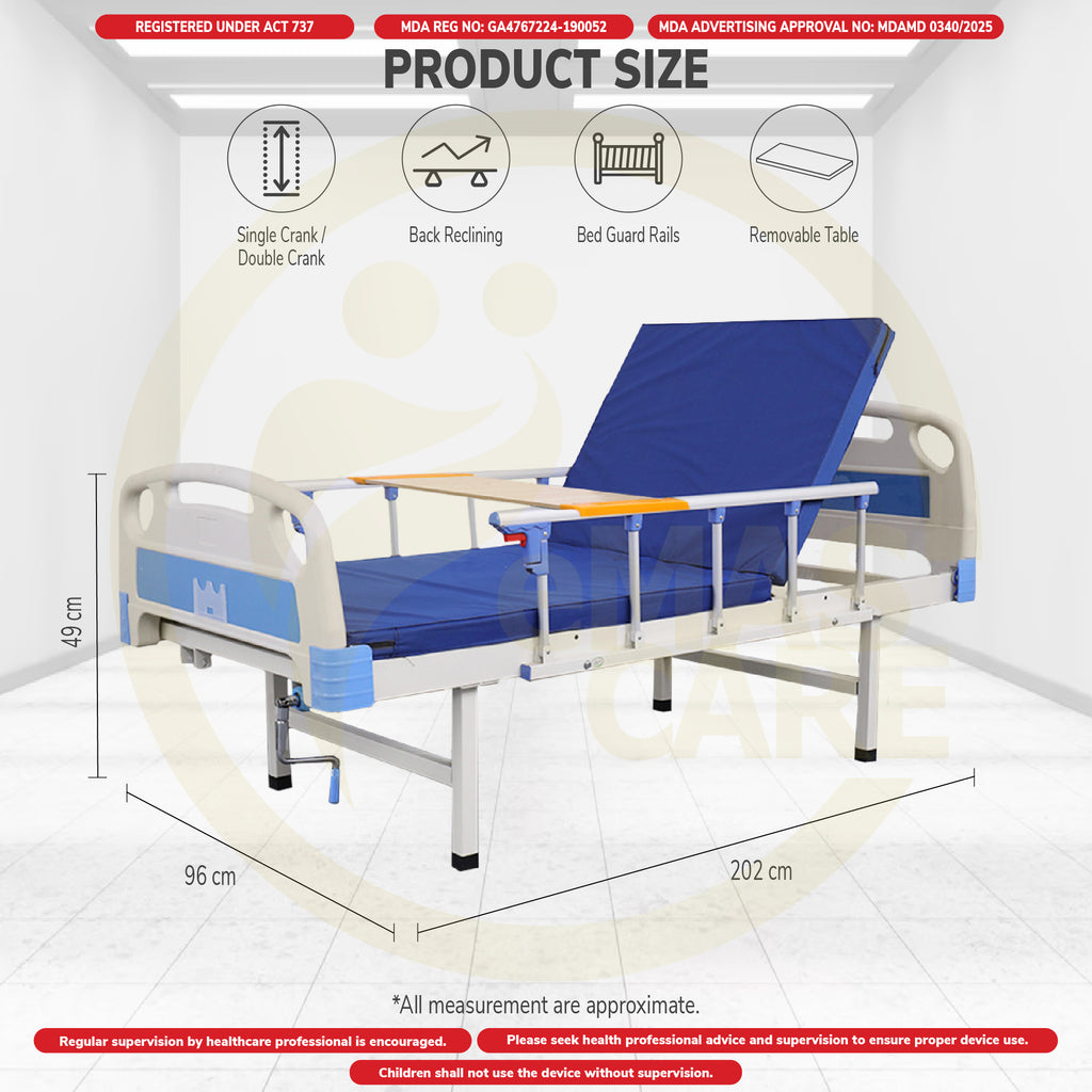Standard Hospital Bed Manual Single Crank Katil Hospital Manual with Wheel or No Wheel Beroda