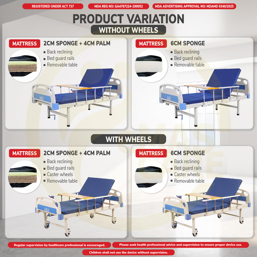 Standard Hospital Bed Manual Single Crank Katil Hospital Manual with Wheel or No Wheel Beroda