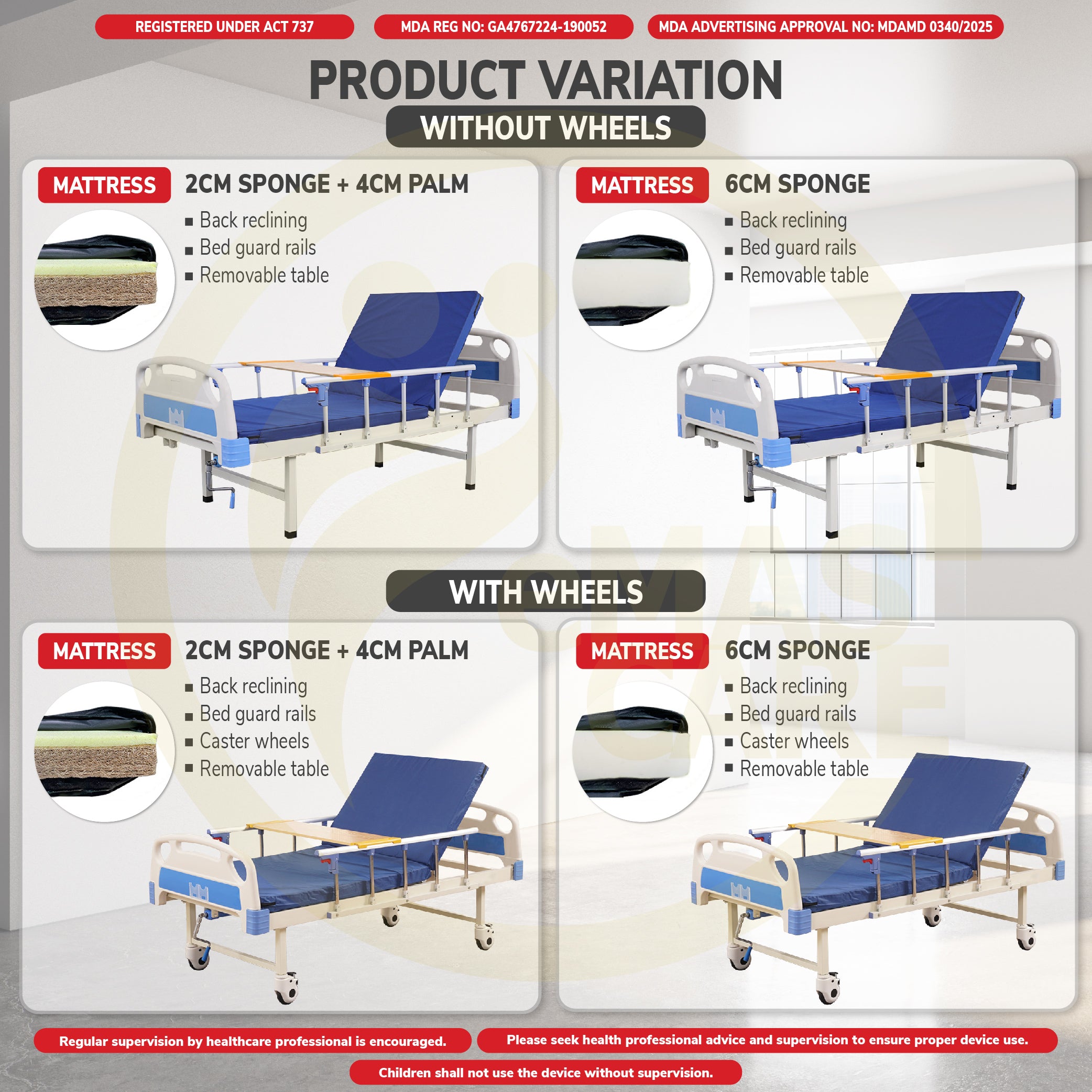 Standard Hospital Bed Manual Single Crank Katil Hospital Manual with Wheel or No Wheel Beroda