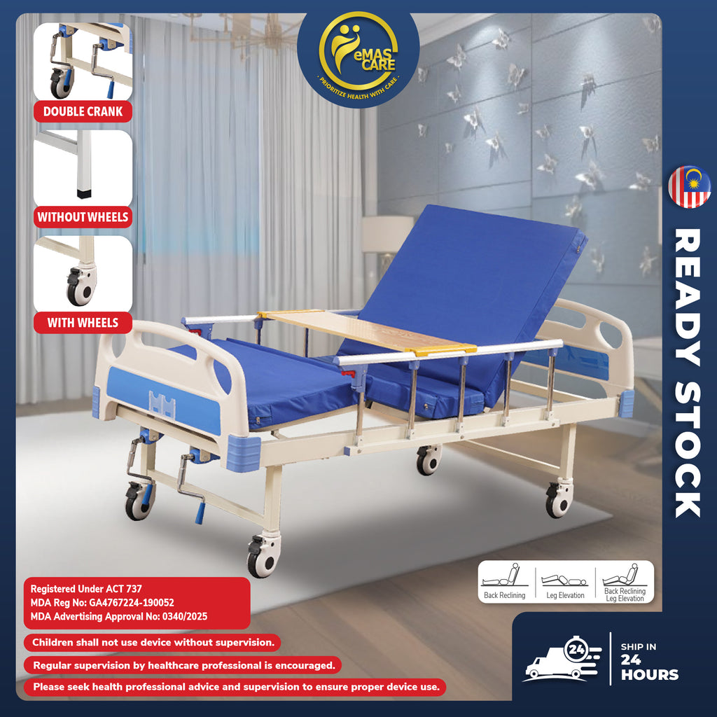 Standard Hospital Bed Manual Double Crank Katil Hospital Manual with Wheel or No Wheel Beroda
