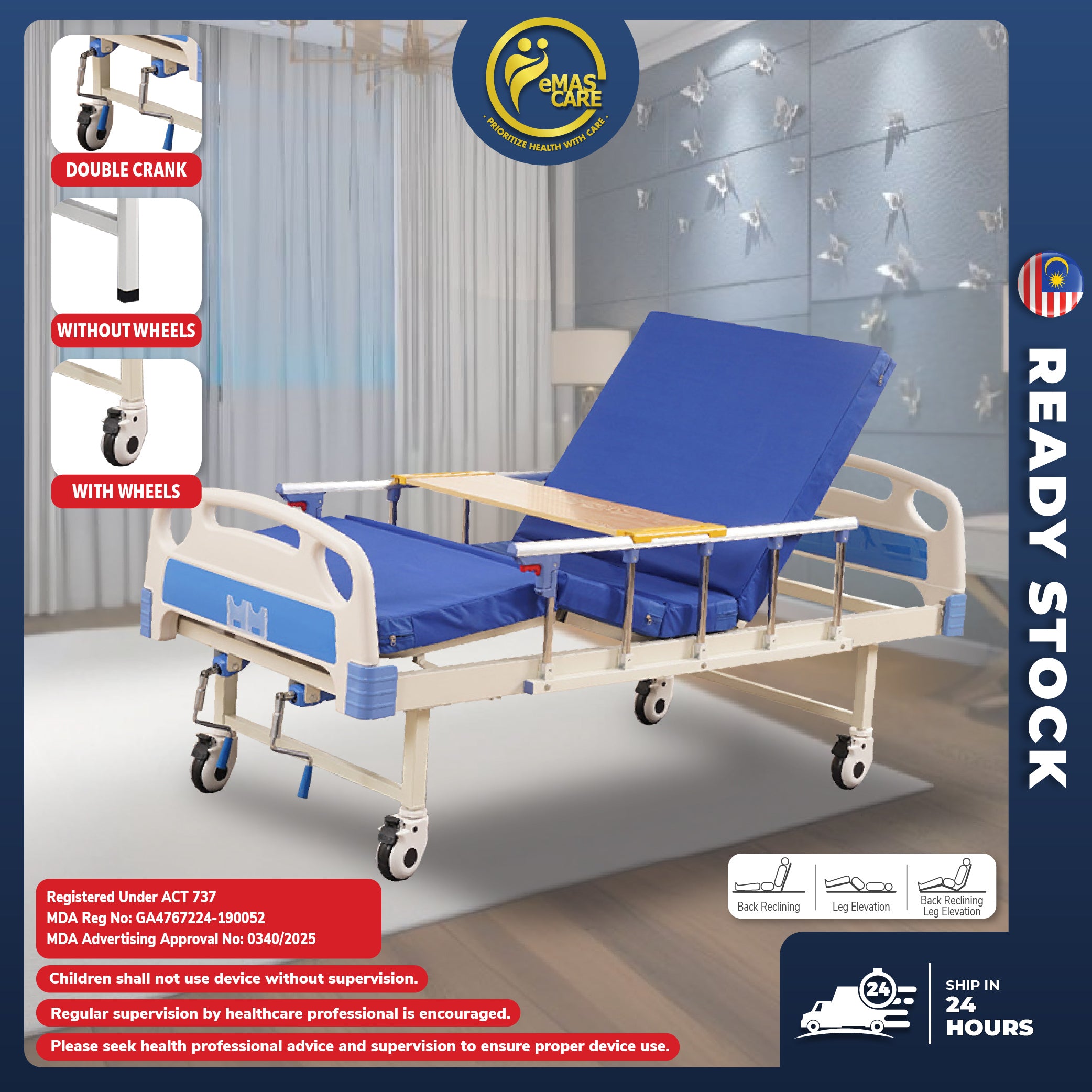 Standard Hospital Bed Manual Double Crank Katil Hospital Manual with Wheel or No Wheel Beroda