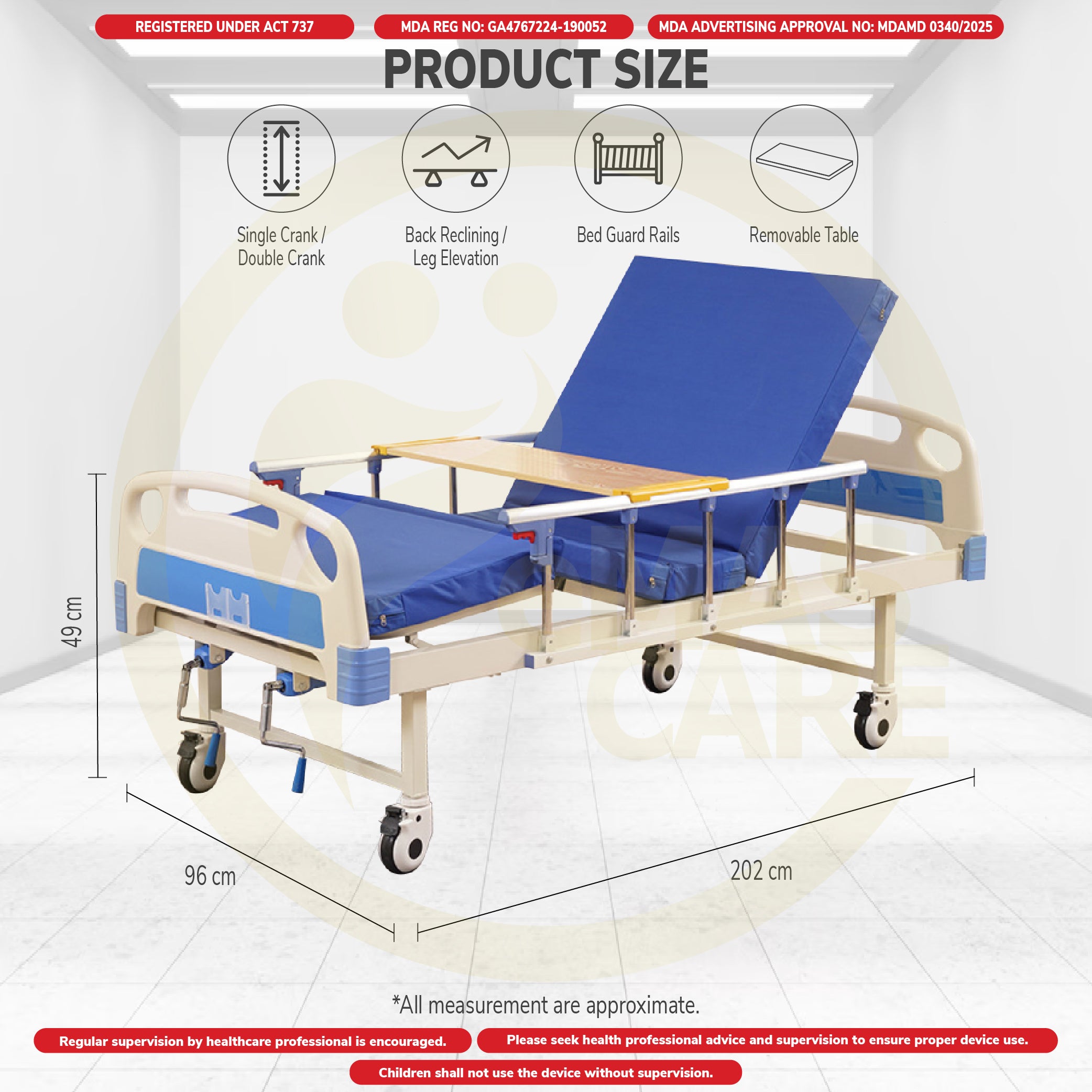 Standard Hospital Bed Manual Double Crank Katil Hospital Manual with Wheel or No Wheel Beroda