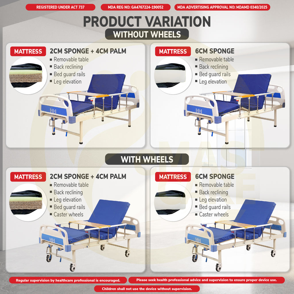 Standard Hospital Bed Manual Double Crank Katil Hospital Manual with Wheel or No Wheel Beroda