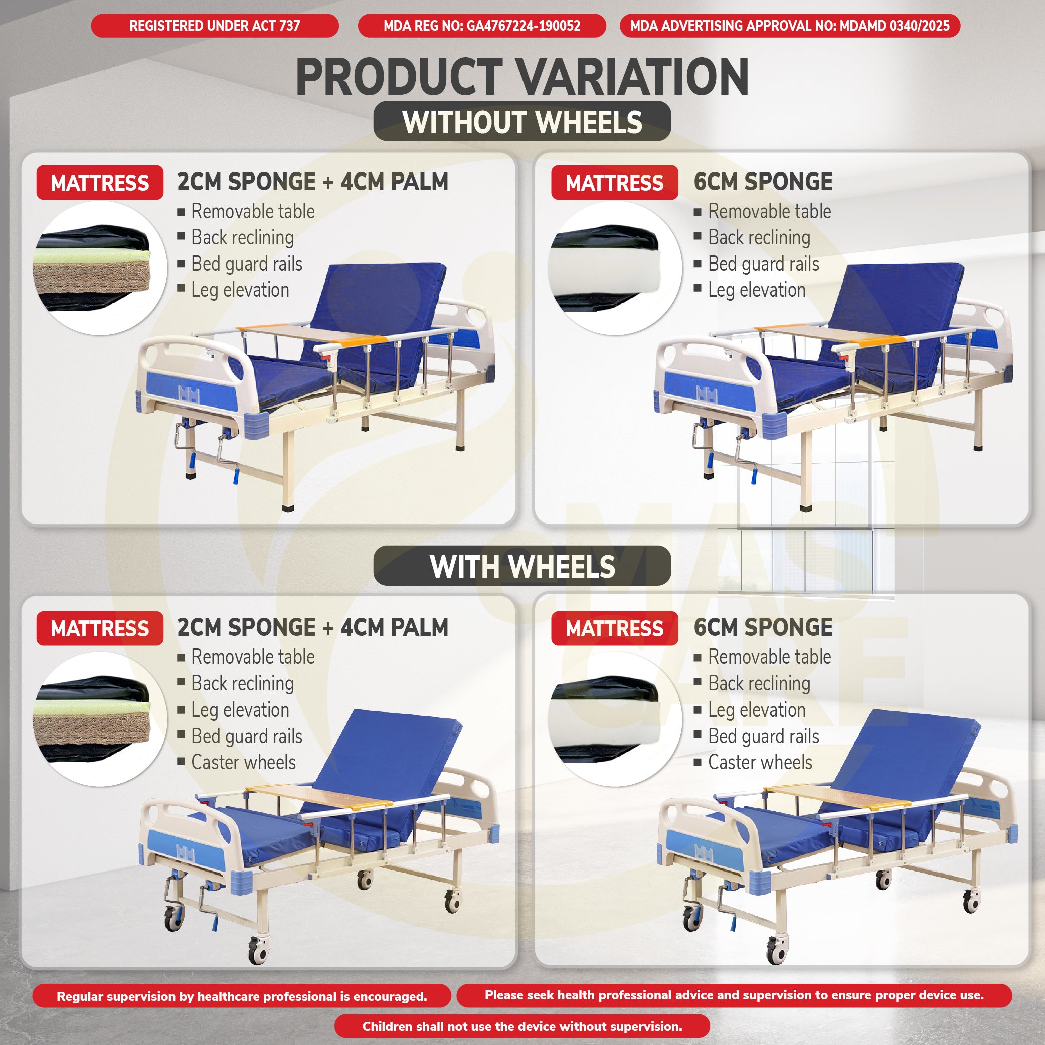 Standard Hospital Bed Manual Double Crank Katil Hospital Manual with Wheel or No Wheel Beroda