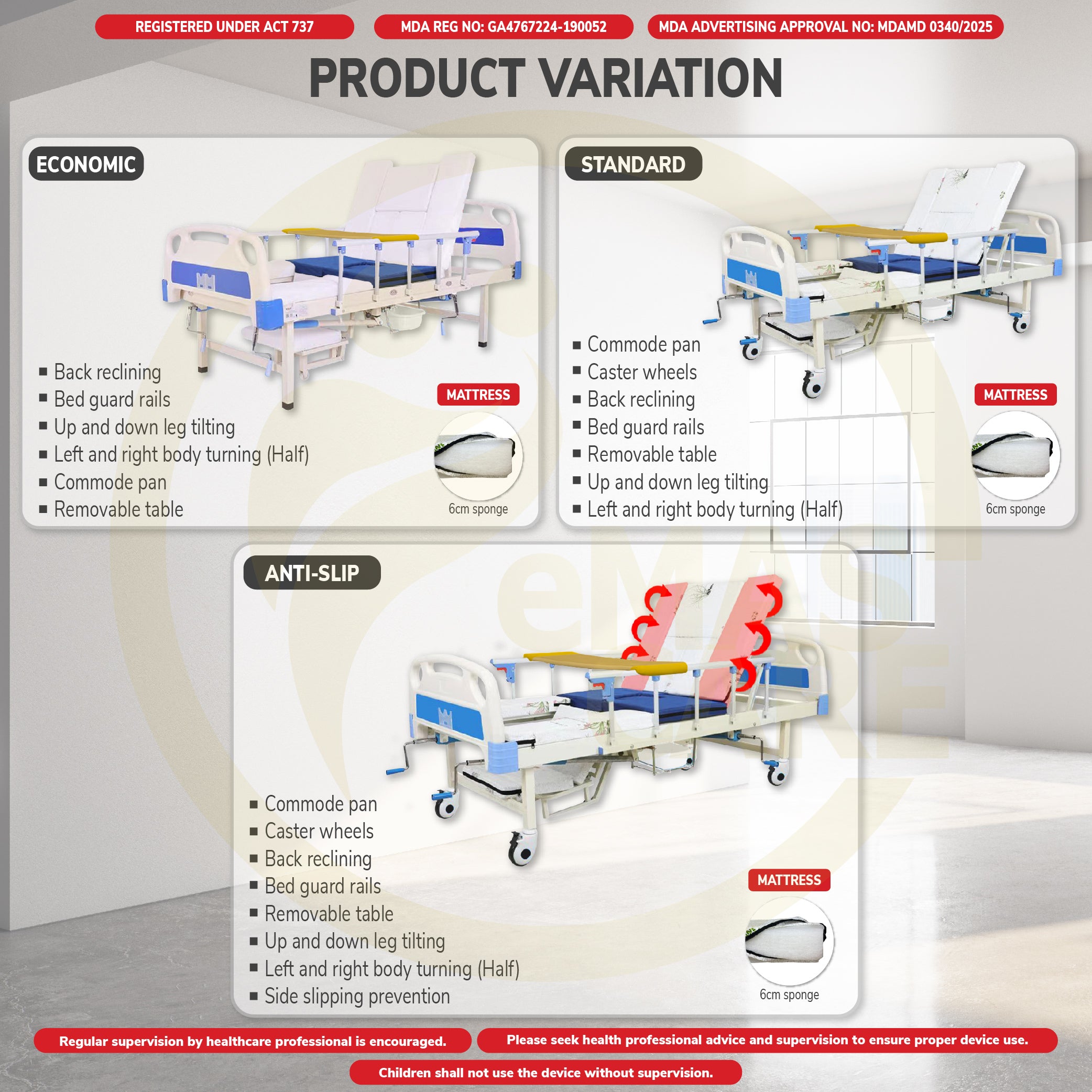 Hospital Bed 5 Functions Medium Curve Economic Manual Standard Anti-Slip Chair Mode Katil Hospital Commode Hair Wash Basin
