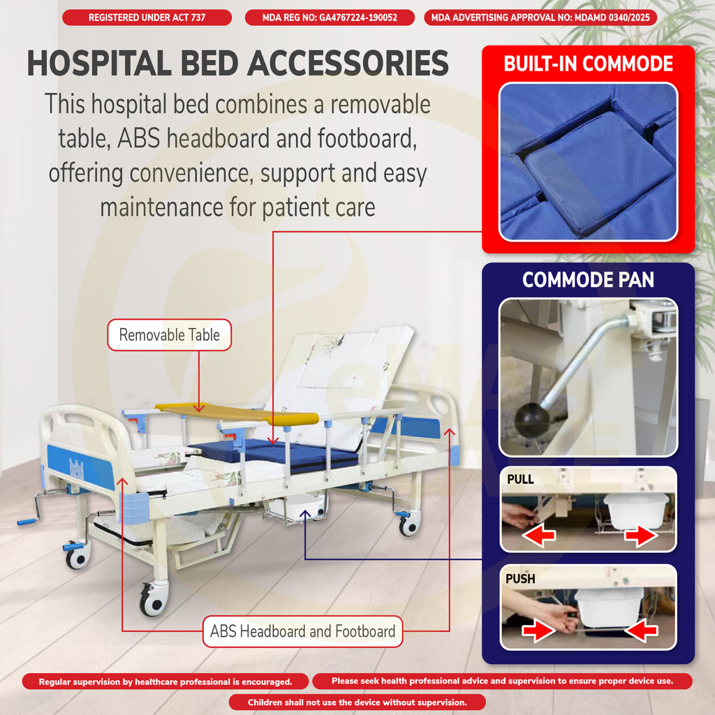 Hospital Bed 5 Functions Medium Curve Economic Manual Standard Anti-Slip Chair Mode Katil Hospital Commode Hair Wash Basin