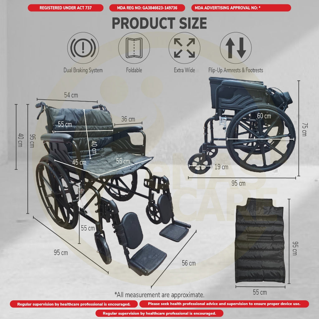 Heavy Duty Wheelchair Foldable Wheel Chair Wide Seat Big Size Extra Large Obese Fat WheelChairs Kerusi Roda Badan Besar