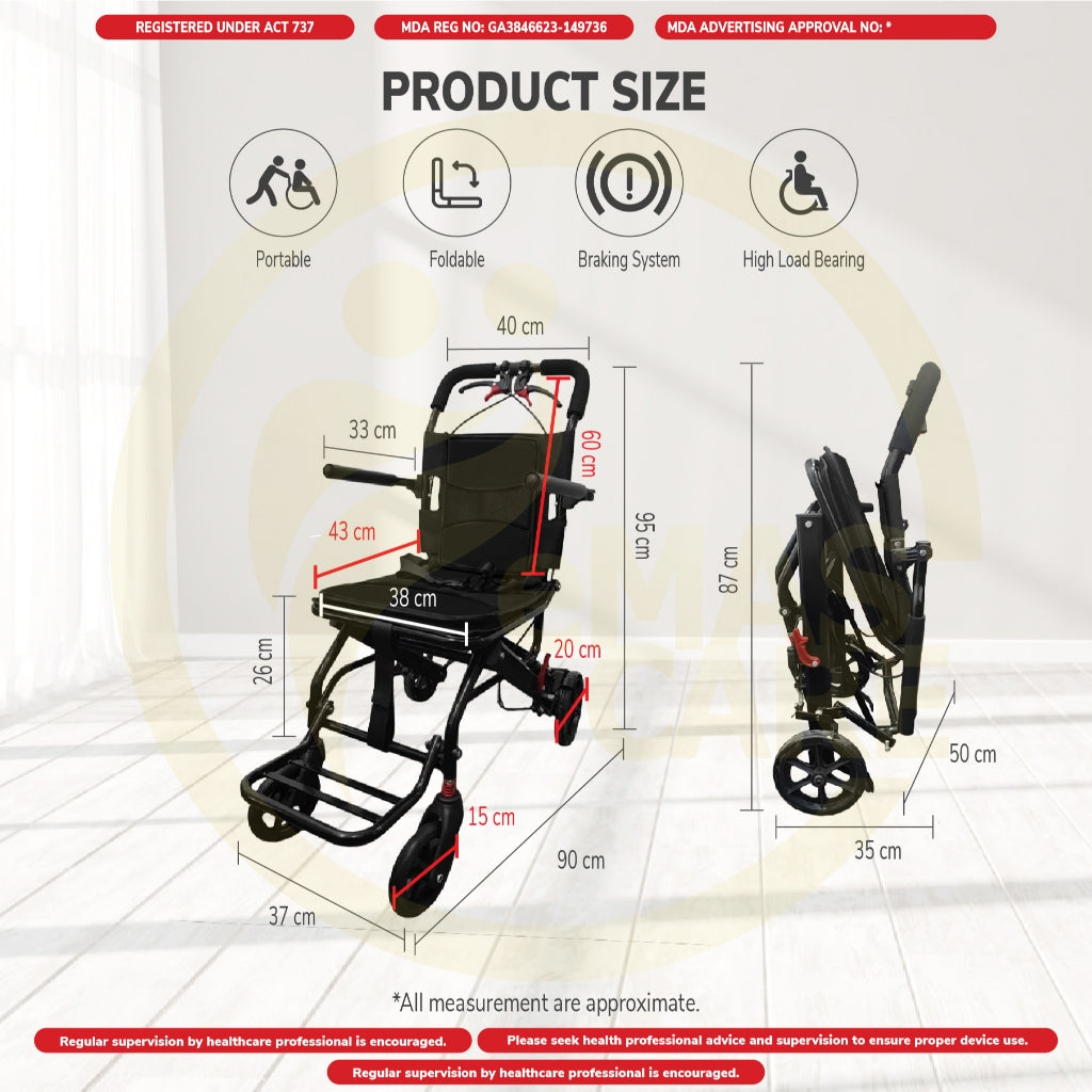 40cm Lightweight Travel Airplane Manual Wheelchair Foldable Wheelchair Smallest Chair Flip Up Armr