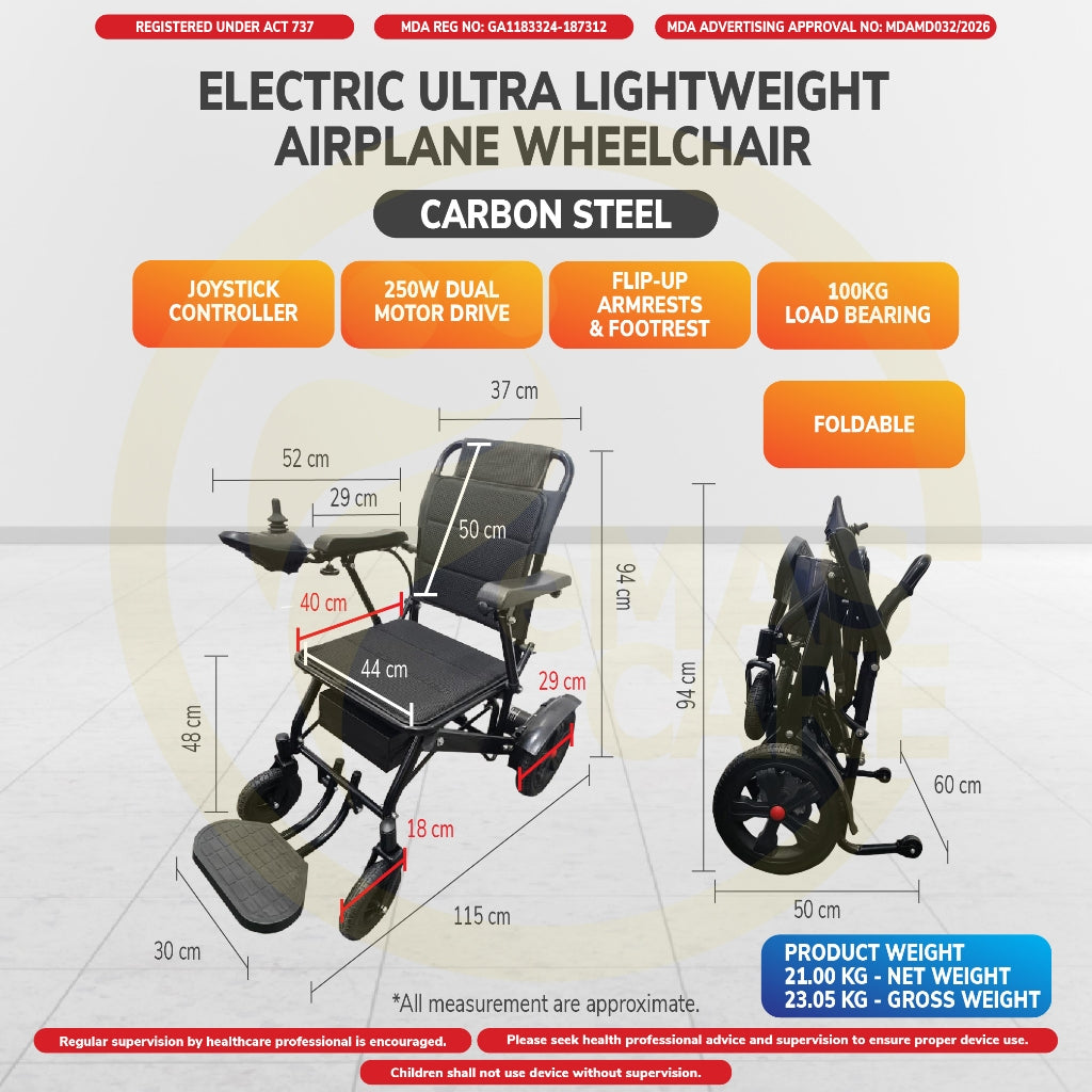 Electric Ultra Lightweight Airplane Carbon Fiber Coated Wheelchair Auto Motor Wheelchair Kerusi Roda Karan Cabin Train