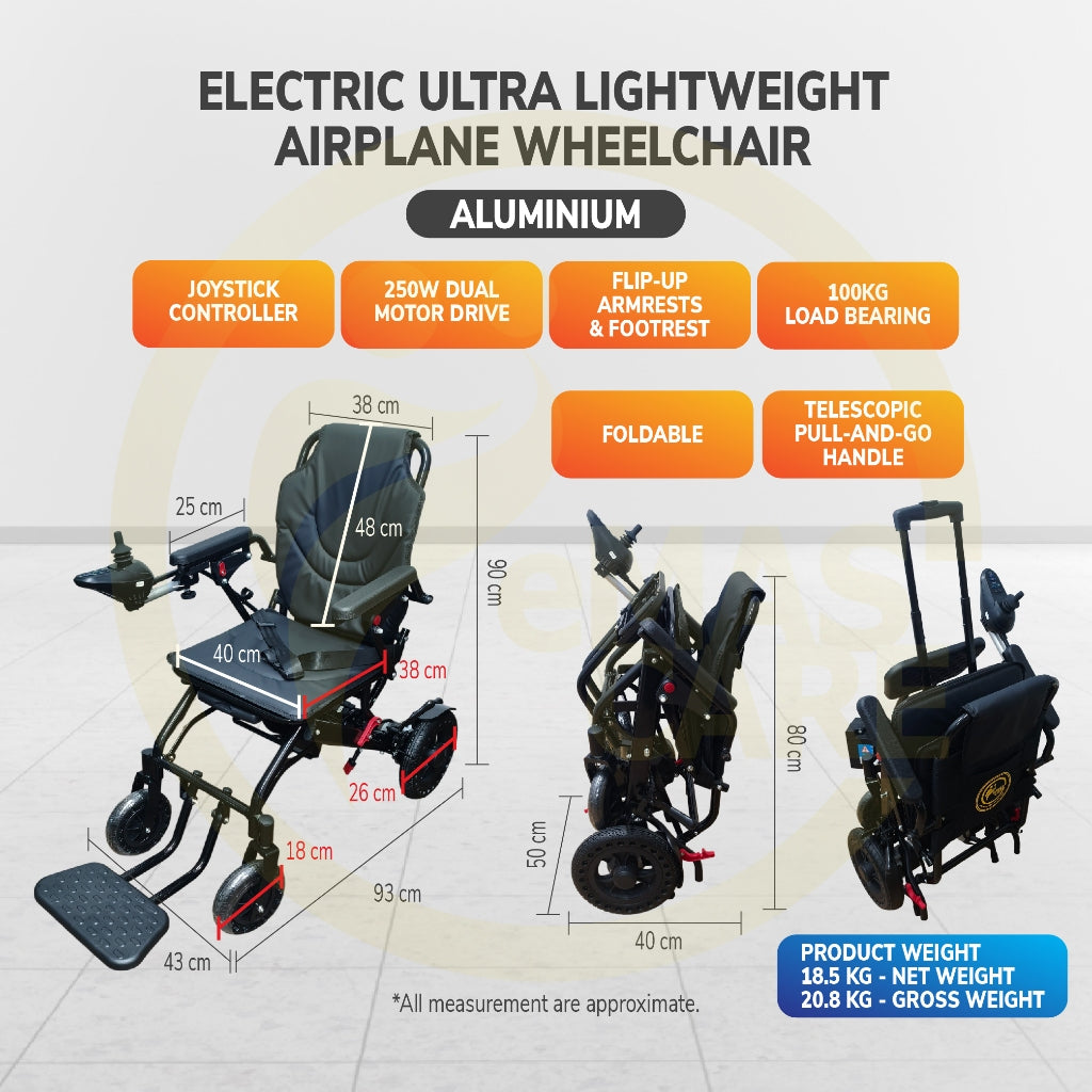 Electric Ultra Lightweight Airplane Carbon Fiber Coated Wheelchair Auto Motor Wheelchair Kerusi Roda Karan Cabin Train