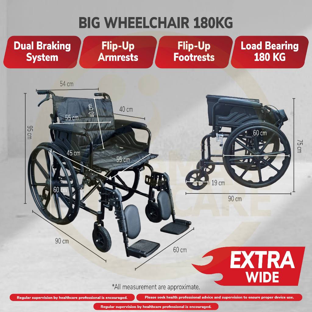 Heavy Duty Wheelchair Foldable Wheel Chair Wide Seat Big Size Extra Large Obese Fat WheelChairs Kerusi Roda Badan Besar