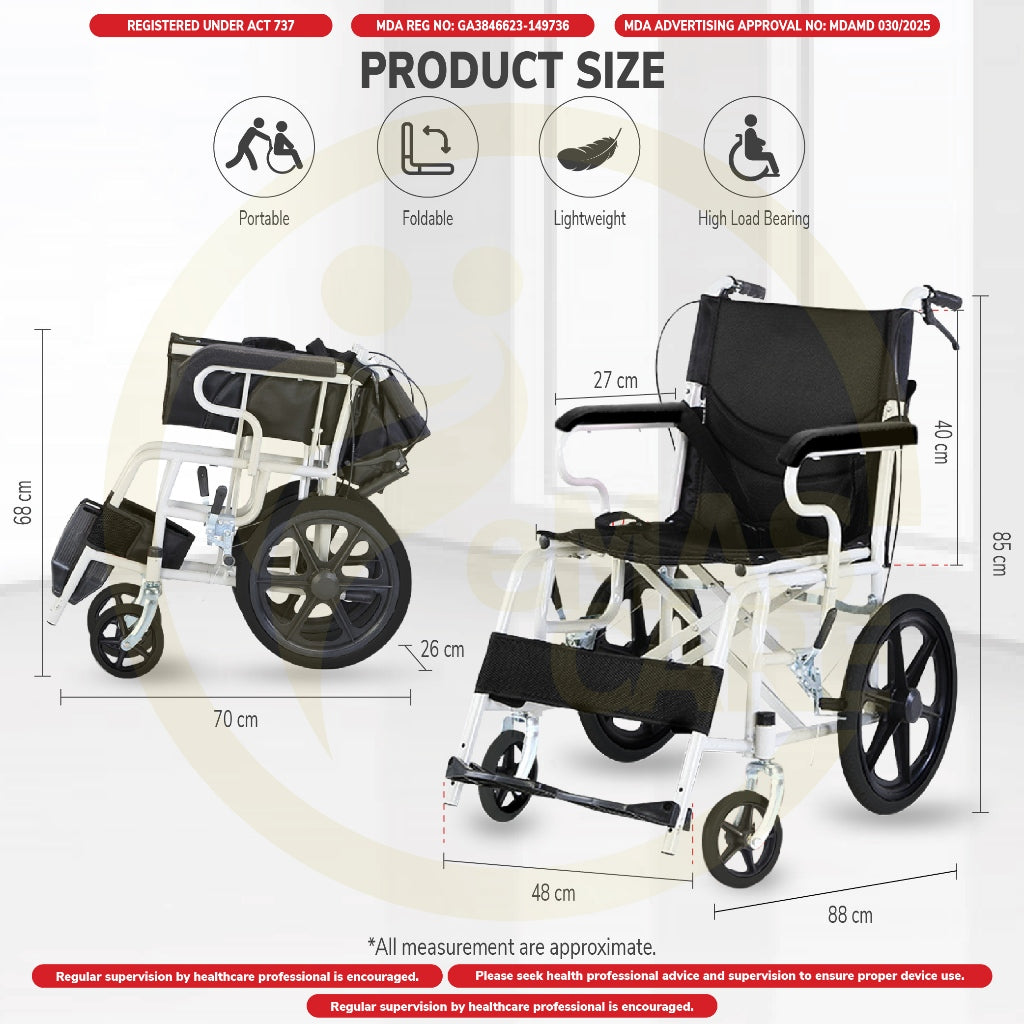 Emascare Ultra Lightweight Portable Foldable Wheelchair Ringan 10kg Tayar Kecil Kerusi GA3846623-149736 - MDA Approved